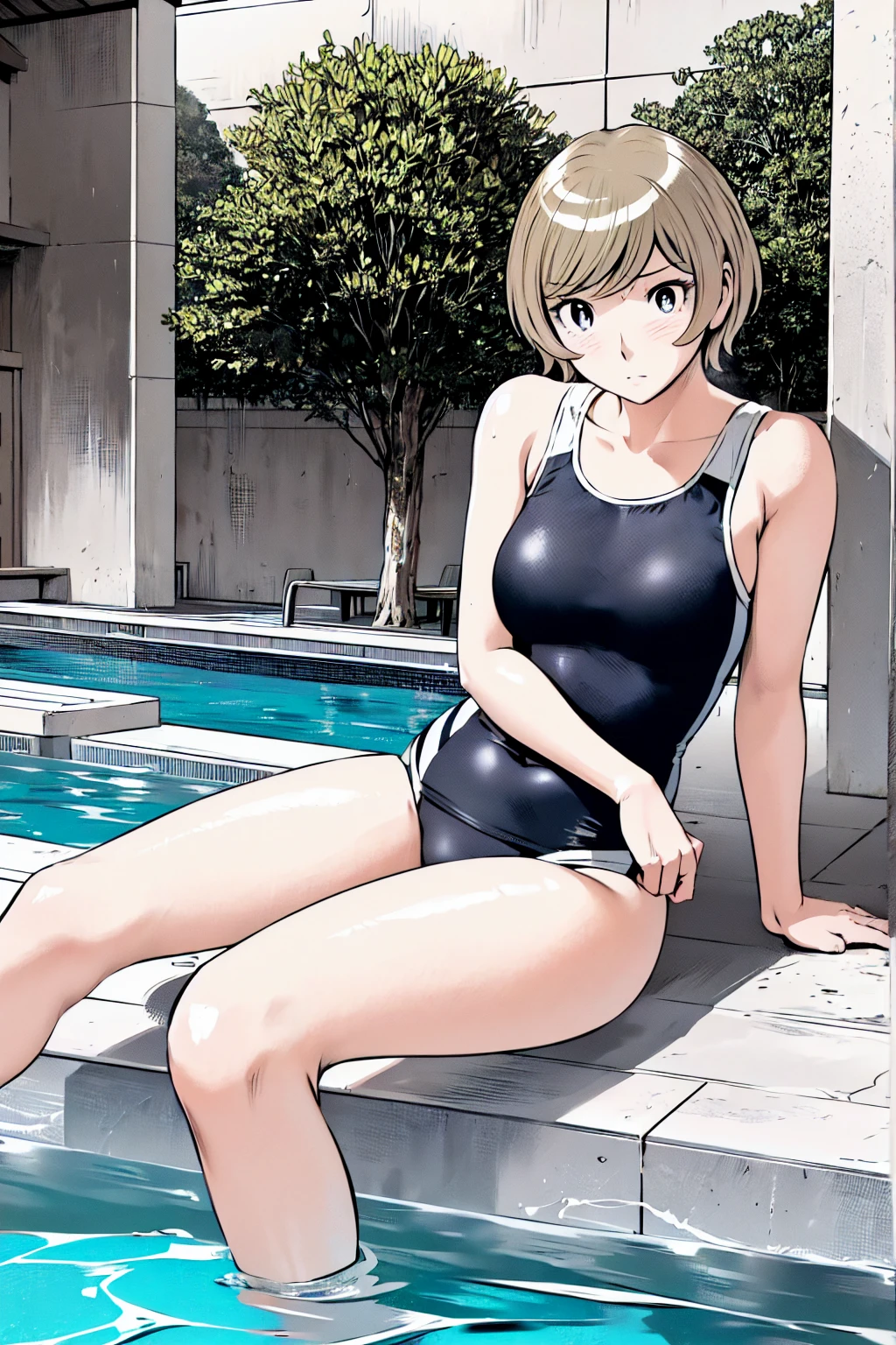 Blue school swimsuit、(masterpiece、Highest quality)、Highest quality, Ultra-high resolution, (((masterpiece))), alone, Sweat、Big eyes, Composition from the front、Shortcuts、Embarrassed face、Blonde、Cut your hair short、School swimming pool、short hair、 Line、Browsing Caution、Butt