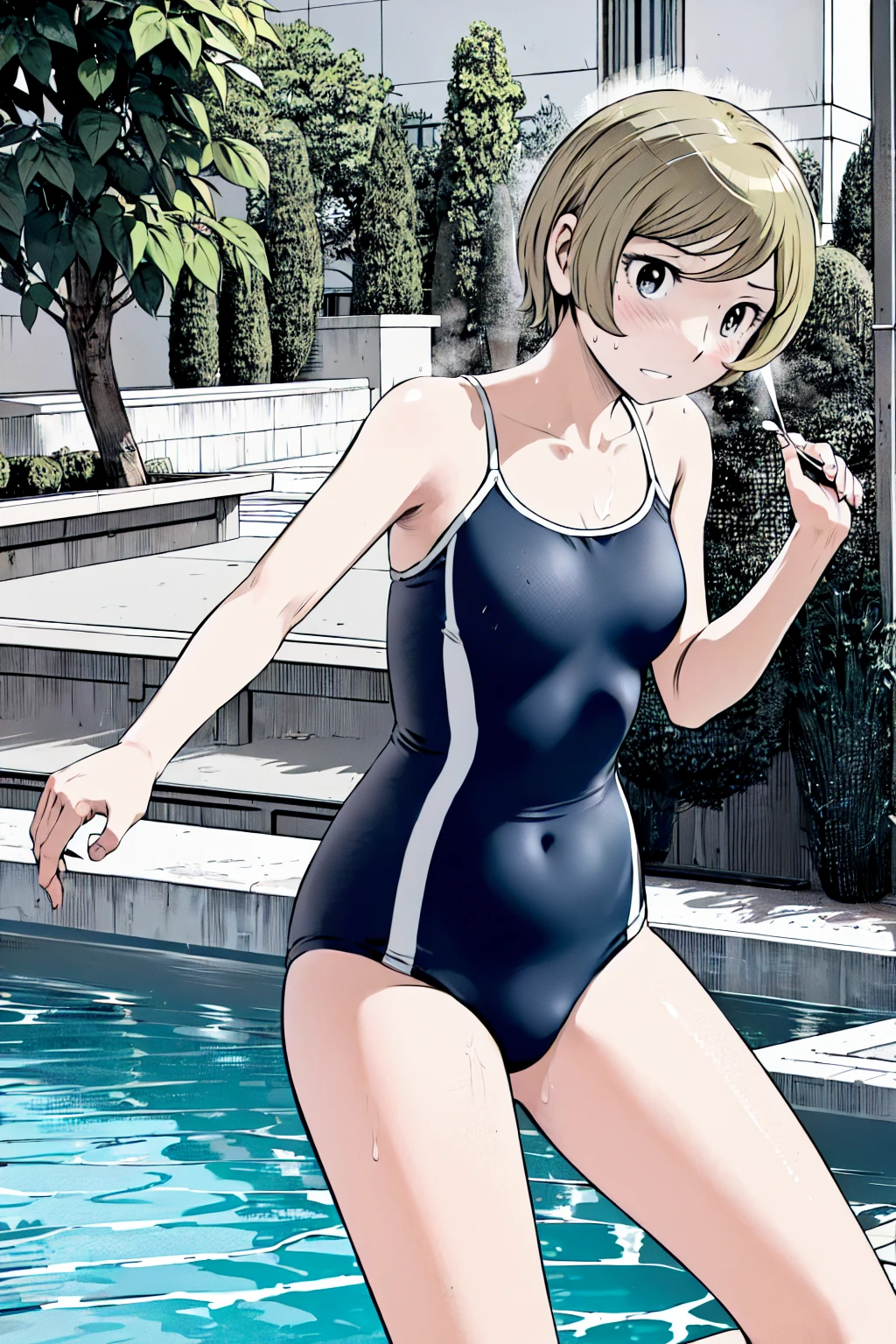 Blue school swimsuit、(masterpiece、Highest quality)、Highest quality, Ultra-high resolution, (((masterpiece))), alone, Sweat、Big eyes, Composition from the front、Shortcuts、Embarrassed face、Blonde、Cut your hair short、School swimming pool、short hair、Pussy Line、Browsing Caution、Butt