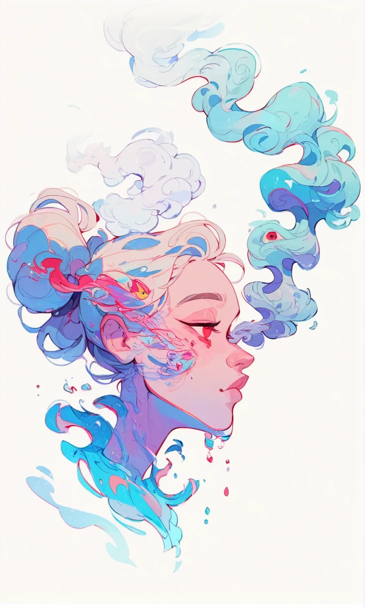 score_9, score_8_up, score_7_up, score_6_up, score_5_up, score_4_up, did vaporwave style, solo, 1girl, female, water, white background, red eyes, simple background, from side, glitching, smoke, in tatters,