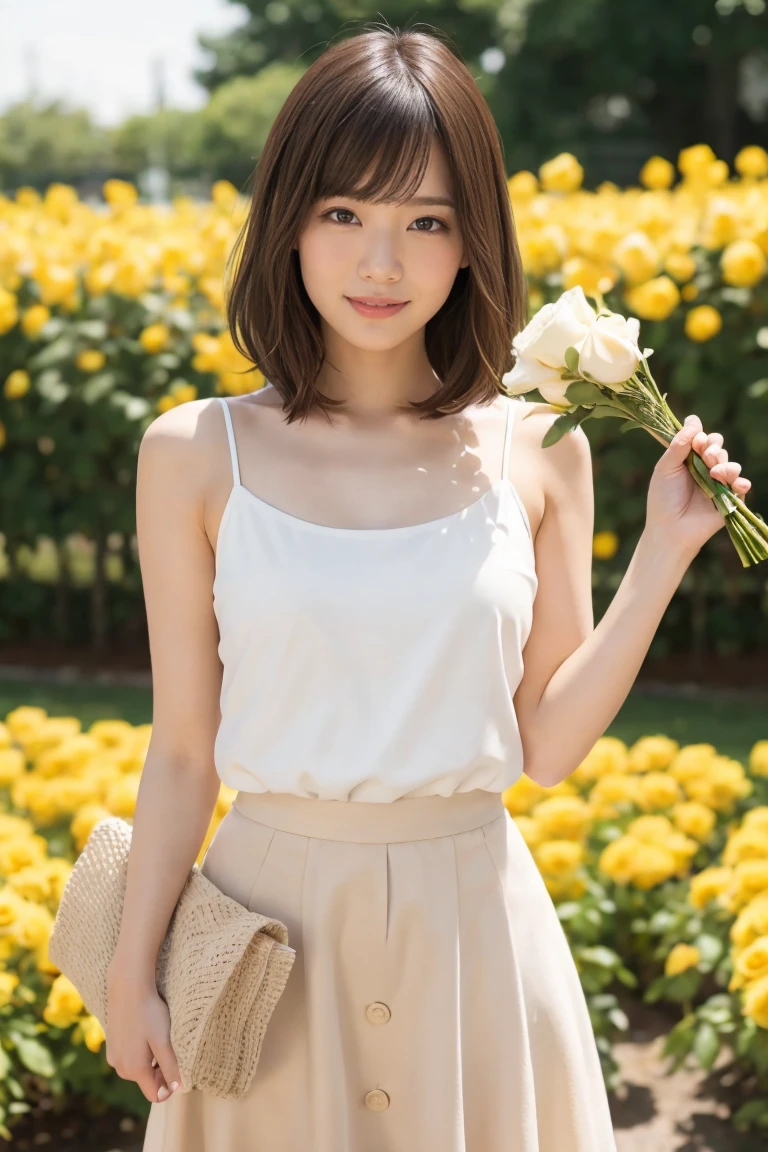 (One woman), short bob, 28 years old, Japanese, brown eyes, brown hair, slim figure, flat chest,
BREAK
Clothing
Cute white camisole, beige skirt
Expression and background
Smiling and handing a bouquet of yellow roses to her father. The background is a bright park.