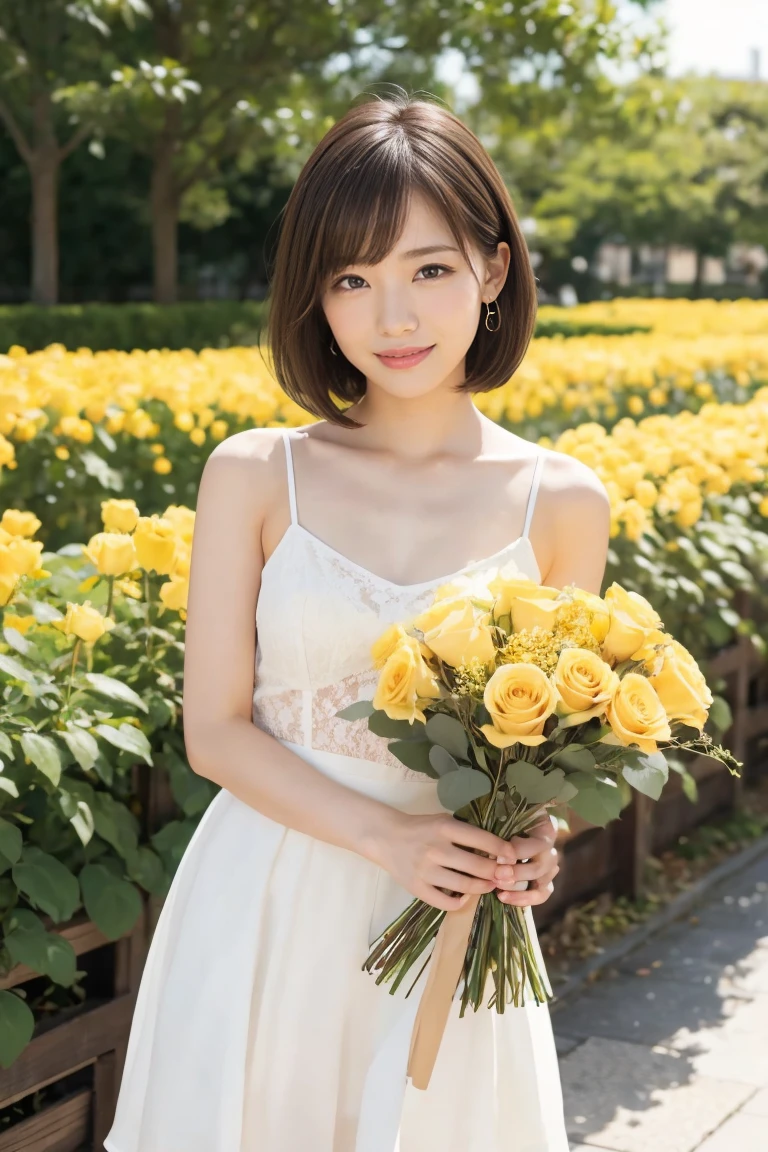 (One woman), short bob, 28 years old, Japanese, brown eyes, brown hair, slim figure, flat chest,
BREAK
Clothing
Cute white camisole, beige skirt
Expression and background
Smiling and handing a bouquet of yellow roses to her father. The background is a bright park.