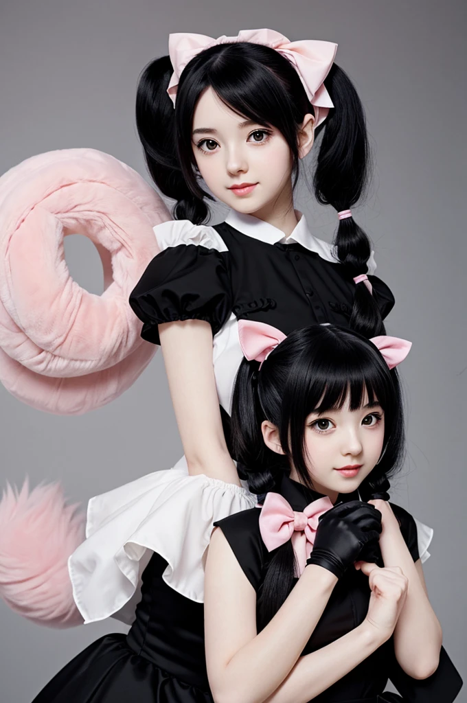 Cute anime manga style female character with pale skin,two long pigtails of black hair, black dress,with white gloves,a pink bow on her head and a cute cat next to her shoulder 