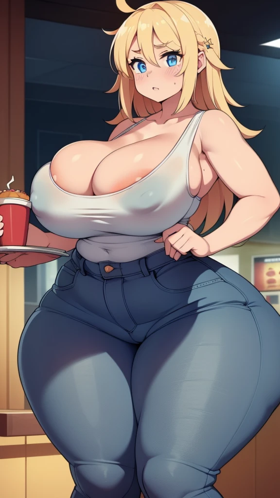 ((Masterpiece)), perfect anatomy, perfect shading, field of depth, (best quality), extremely delicate and beautiful, perfect lighting, detailed face, ultra cute face, cute, (1girl), (solo),
long fluffy blonde hair, blue eyes, ((blush)), nervous, looking at viewer, tank top, jeans, cleavage, large breasts, ((thick thighs)), (wide hips), fat ass, chubby,
intricate background, detailed background, fast food restaurant, standing,