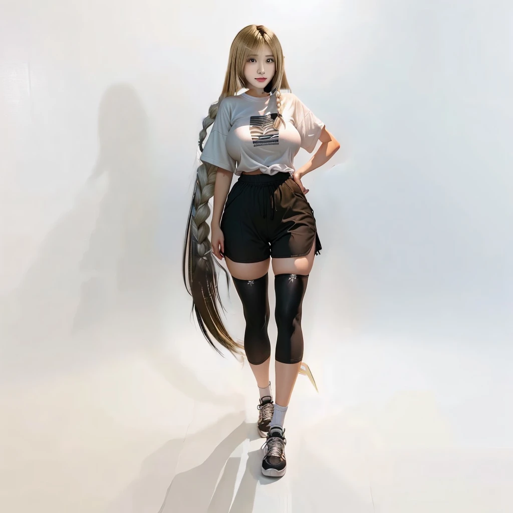 T-shirt(3L), oversized clothes, short pants (sweat), white hair(side braid), gentle, big breasts, elf ears,