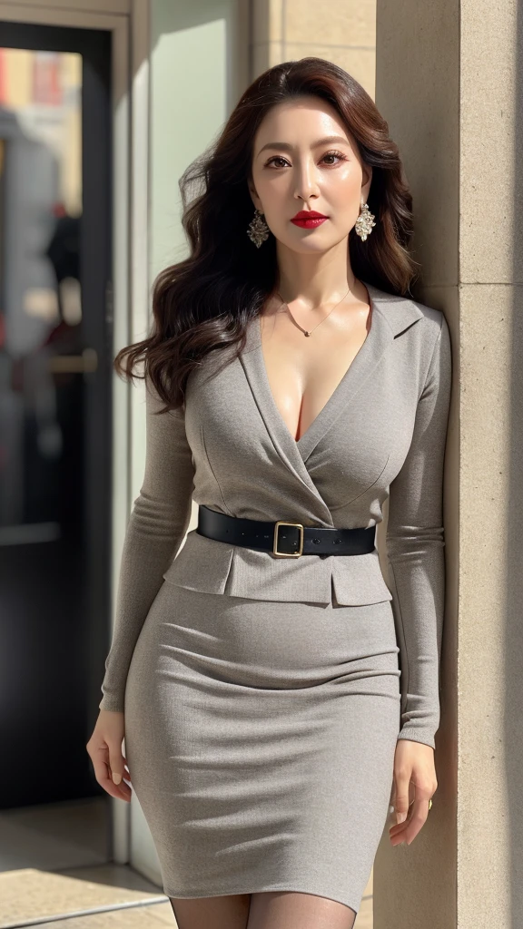 on the street，Light grey reflective clothing (No cleavage),cosmetic, (Lipstick: 1.1), (Eyeliner: 1.2), mascara, Eyeshadow,Outdoor sports, earrings, necklace, Black pantyhose, Wrinkles at the corners of the eyes, Oral wrinkles,High target Neck Knit Bodycon Skirt，full-body shot，An Asian Japanese woman，65 years old，big eyes，elegant temperament elegant temperament，(masterpiece:1.2, best quality), Practical, (The real situation,45 years old， Intricate details, Depth of Field，High target neck clothes), careful, The content is very detailed, This is a perfect face, Perfect body, Large Model, Mature woman, High target，Black silk garter，8K,best quality, masterpiece, Ultra-high resolution,(lifelike:1.4), original photo, Stay focused, detailed, dramatic, Exquisite beautiful woman, (tall and straight:1.1),(Fat goddess desetallic high collar dress,High target collar fitted skirt),half butterfly earrings, double ring necklace, (:1.05), (65 years old, : 1.4),Long curly hair, Dynamic Angle, (Red lips)Beautiful graphics, Light grey reflective fishnet stockings，High target heel