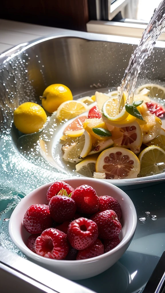Summer Dream,Washing fruits in the sink,Dreamy lighting,The scattered water drops float in the air and sparkle in the sun,HD,Details,Best quality