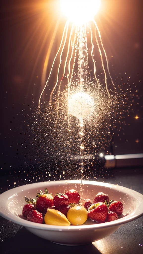 Summer Dream，Washing fruits in the sink，Dreamy lighting，The scattered water drops float in the air and sparkle in the sun，HD，Details，Best quality