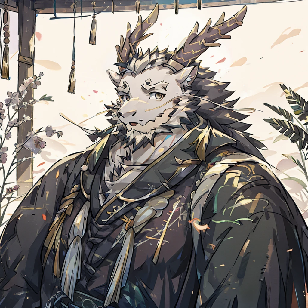 (white eastern dragon),furry,white mustache,big pecs,hearty males,muscular,black imperial robe,adult,traditional_chinese_room，head portrait