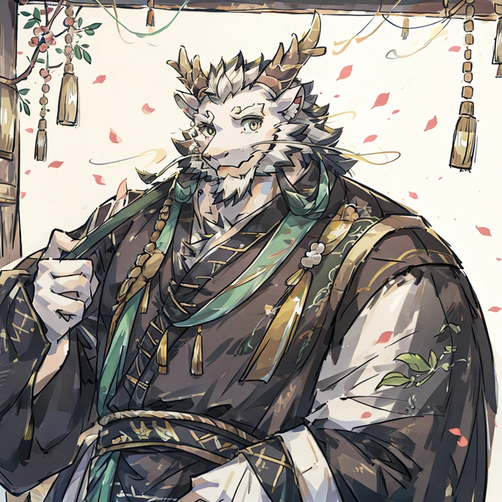(white eastern dragon),furry,white mustache,big pecs,hearty males,muscular,black imperial robe,adult,traditional_chinese_room,head portrait