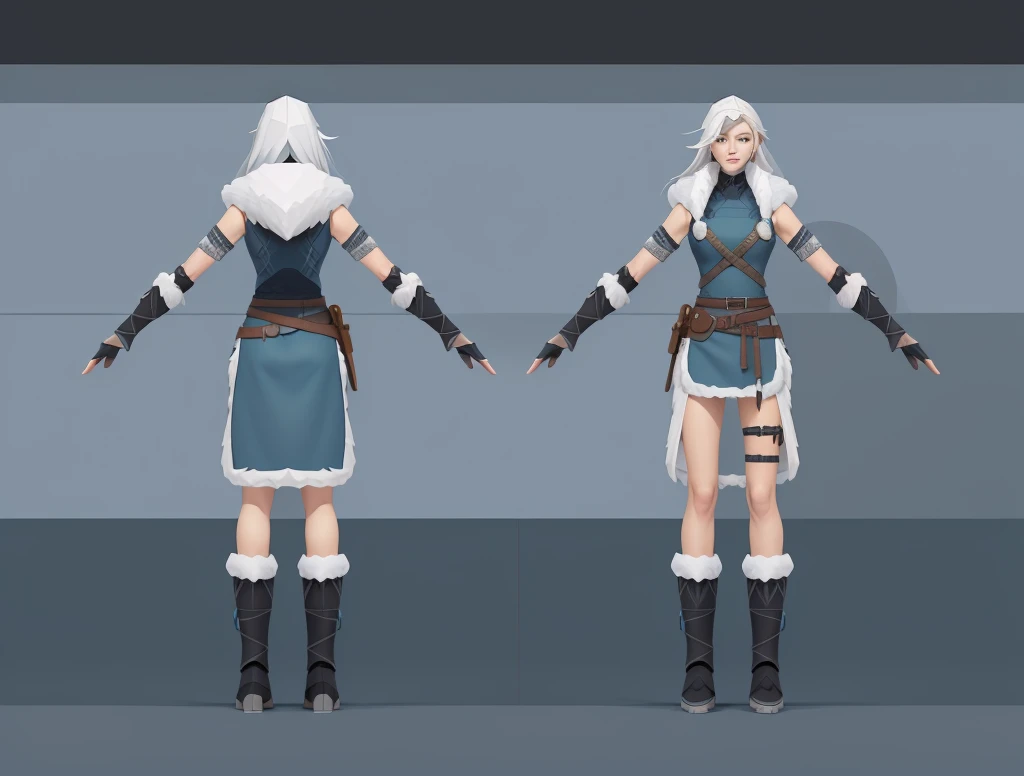 (Masterpiece, best quality: 1.2), (Super detailed), (Illustration)(HDR:1) a close up of a Viking woman warrior wearing armor and fur coat with rune tattoos , full body concept, detailed full body concept, Mulher guerreira viking com olhos azuis e cabelo loiro platinado, full body character concept,costume concept design, full body details, detailed full body concept art, full character body, character model sheet turnaround, fullbody shot turnaround, concept character sheet, full body concept art, reference model sheet , full body concept art, RPG style character, game character design, 3d character reference sheet, male, video game character concept, detailed character design, character sheet, character model sheet turnaround , front and back, front and back, grey clean background, 3D character, leather belt with leather knife bag, oceanblue cloth, blue hem with white fur, low poly art style, low polygon, ((low polygonal)), ((organic shapes and lines)), (((low poly art style))), perfect alignment, ((clear outline))