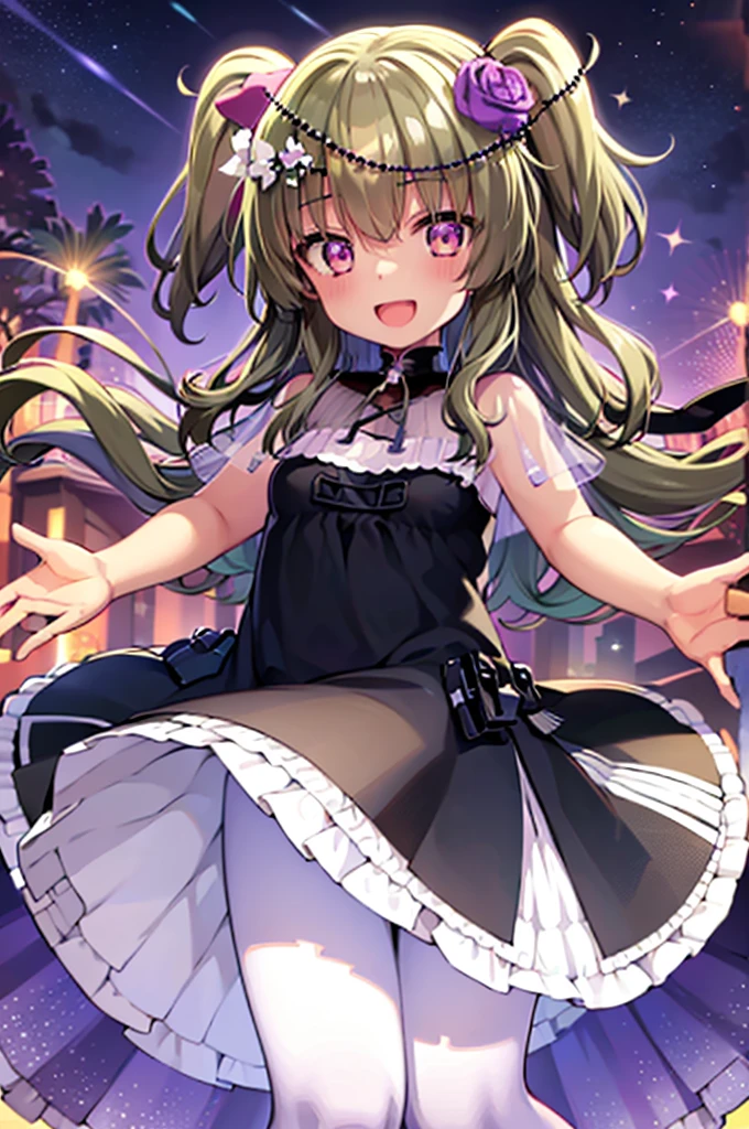 Himari Mei, masterpiece, loli, cute, flat chest, cute and shy smile, highly detailed sparkling brilliant purple eyes, open mouth slightly, standing in summer night,black dress, perfect body, detailed hands, detailed fireworks in the sky, outstretched arms for viewer, full body