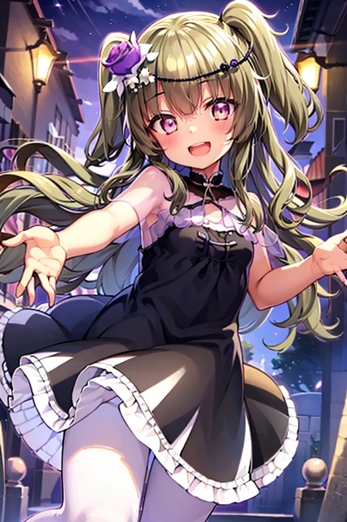 Himari Mei, masterpiece, li, cute, flat chest, cute and shy smile, highly detailed sparkling brilliant purple eyes, open mouth slightly, standing in summer night,black dress, perfect body, detailed hands, detailed fireworks in the sky, outstretched arms for viewer, full body