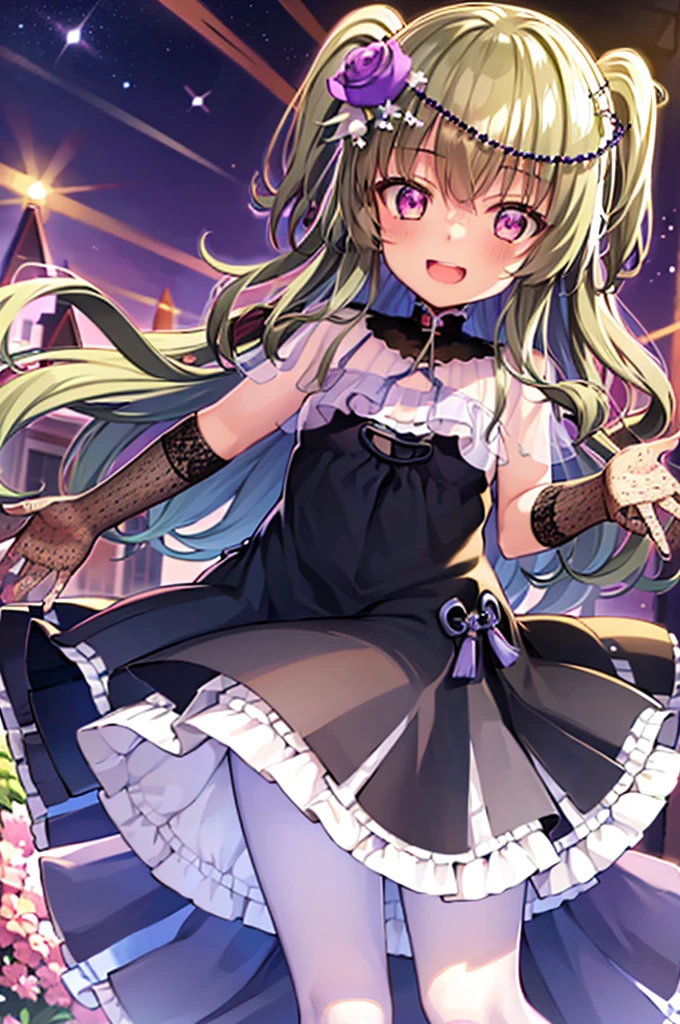 Himari Mei, masterpiece, loli, cute, flat chest, cute and shy smile, highly detailed sparkling brilliant purple eyes, open mouth slightly, standing in summer night,black dress, perfect body, detailed hands, detailed fireworks in the sky, outstretched arms for viewer, full body