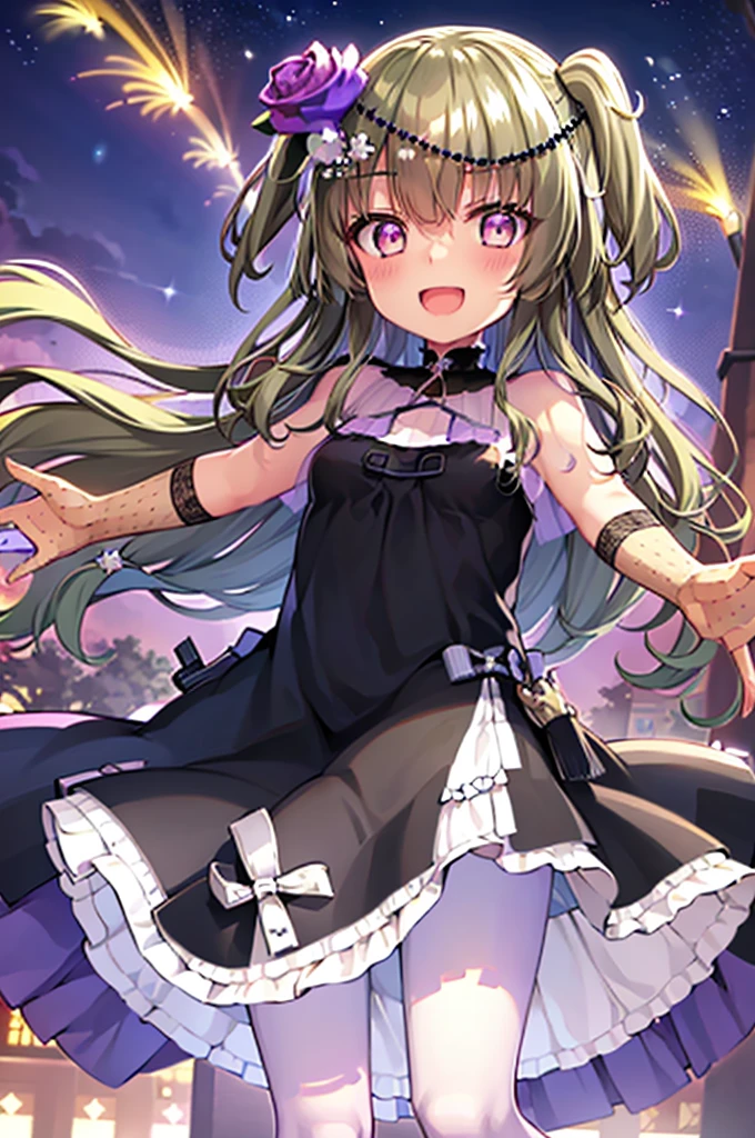 Himari Mei, masterpiece, loli, cute, flat chest, cute and shy smile, highly detailed sparkling brilliant purple eyes, open mouth slightly, standing in summer night,black dress, perfect body, detailed hands, detailed fireworks in the sky, outstretched arms for viewer, full body