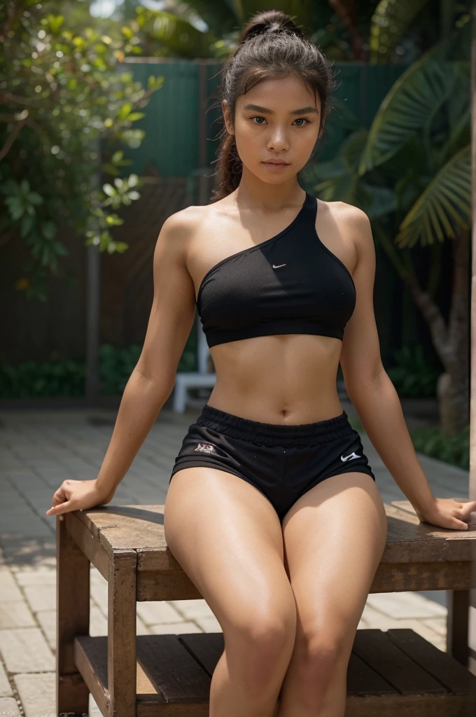 A breathtaking 8K masterpiece of a 16-year-old Indonesian girl with a ponytail tied back, wearing one shoulder black sports top and mini shorts. She sits intimately with a man on a Thailand street bench, surrounded by masculine figures. Her radiant presence exudes a sultry aura and erotic mood. Holding a coffee cup, her gaze is direct and captivating. The camera captures her full figure in a stunning full-body shot, with the blurred background creating a beautiful bokeh effect. Soft sunlight filters through, illuminating her delicate features and tantalizing physique. Note: Lowering shorts are subtle hints of sensuality.