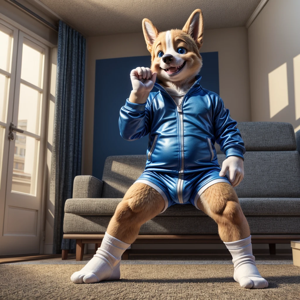 young male corgi with small human blue eyes slighly chubby, no eyebrows, dark blue track suit , no pants white briefs ,white ankle socks , pulling down shirt zip , highly detailed lineart 4k, best quality, masterpiece, vivid colors, physically-based rendering, white hands five finger, touching face grin