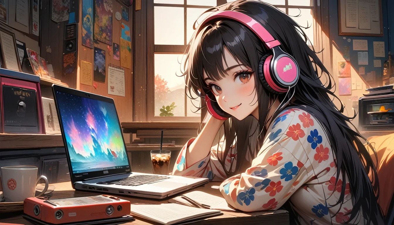 ((8k of extremely detailed CG unit, Masterpiece, high resolution, highest quality, highest quality real texture skin)), (((Starry sky through a large window))), (((Japanese patterned pajamas))), (((Colorful Room))), (((Japanese style headphones))), (((iced coffee))), (((Smiling and studying at a desk))), ((1 girl)), (Black hair, messy hair, beige skin), (surreal, digital painting), (((Warm lighting))), (((midnight))), (((Boombox))), (((laptop)))