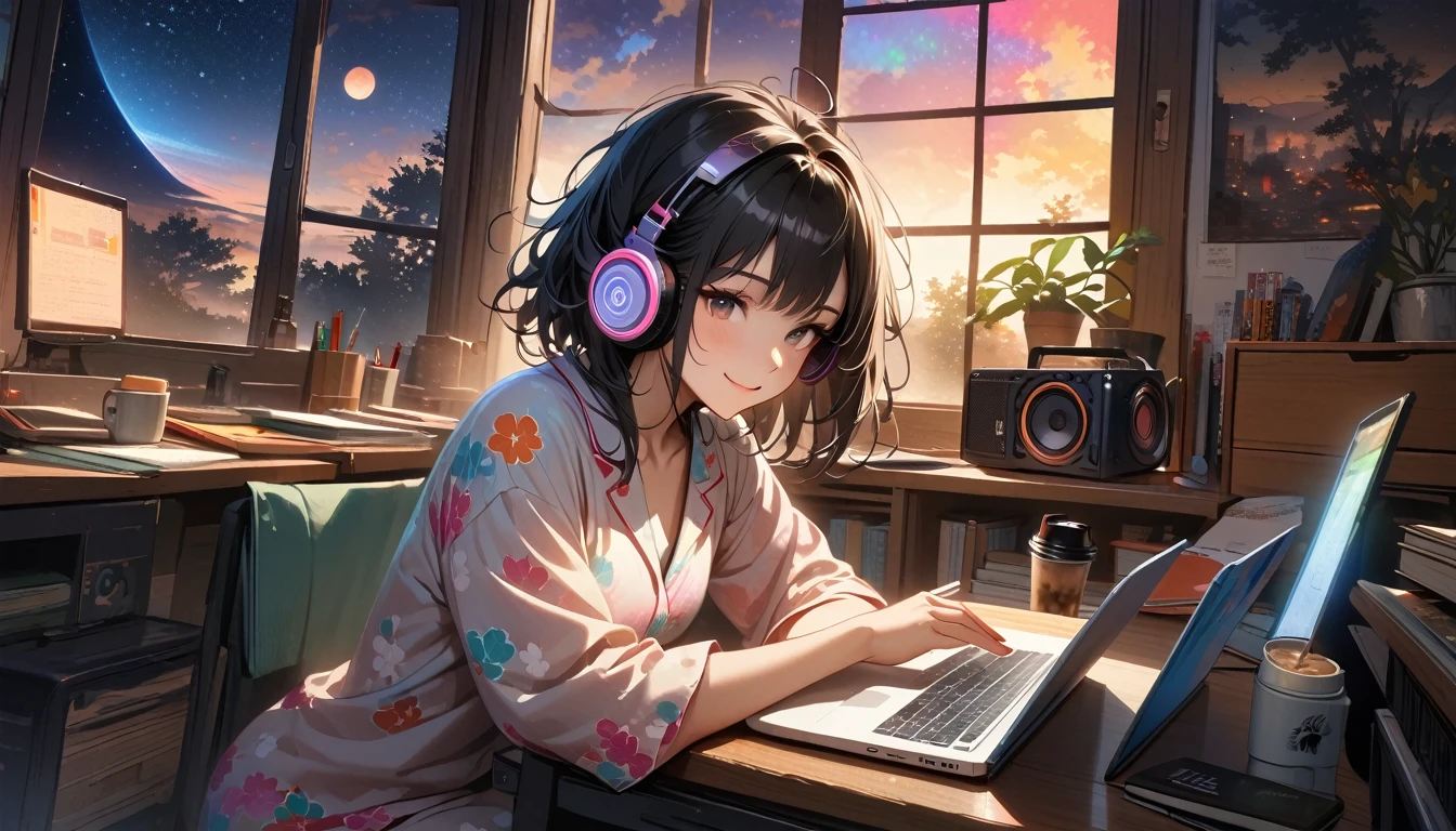 ((8k of extremely detailed CG unit, Masterpiece, high resolution, highest quality, highest quality real texture skin)), (((Starry sky through a large window))), (((Japanese patterned pajamas))), (((Colorful Room))), (((Japanese style headphones))), (((iced coffee))), (((Smiling and studying at a desk))), ((1 girl)), (Black hair, messy hair, beige skin), (surreal, digital painting), (((Warm lighting))), (((midnight))), (((Boombox))), (((laptop)))