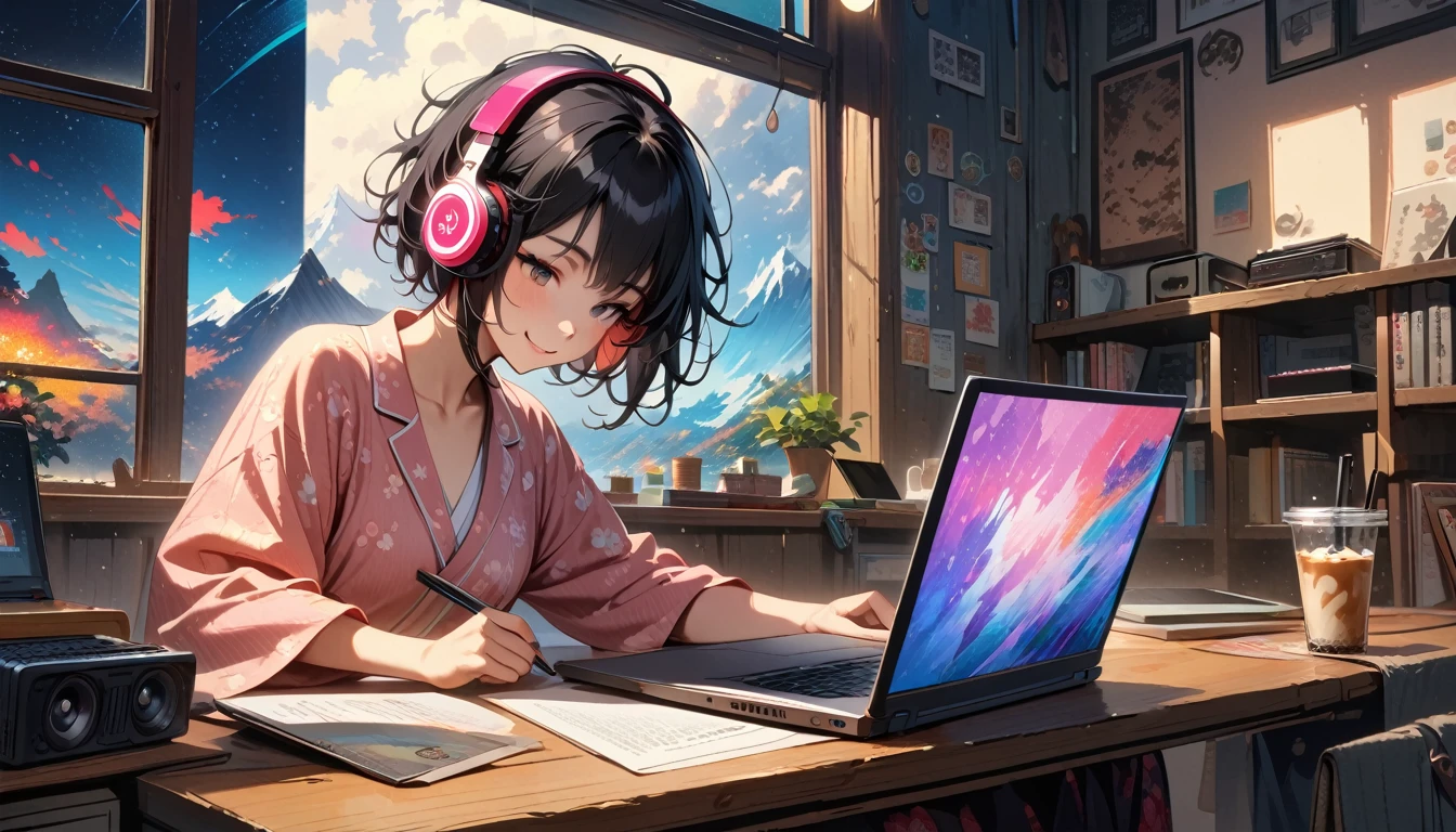 ((8k of extremely detailed CG unit, Masterpiece, high resolution, highest quality, highest quality real texture skin)), (((Starry sky through a large window))), (((Japanese patterned pajamas))), (((Colorful Room))), (((Japanese style headphones))), (((iced coffee))), (((Smiling and studying at a desk))), ((1 girl)), (Black hair, messy hair, beige skin), (surreal, digital painting), (((Warm lighting))), (((midnight))), (((Boombox))), (((laptop)))