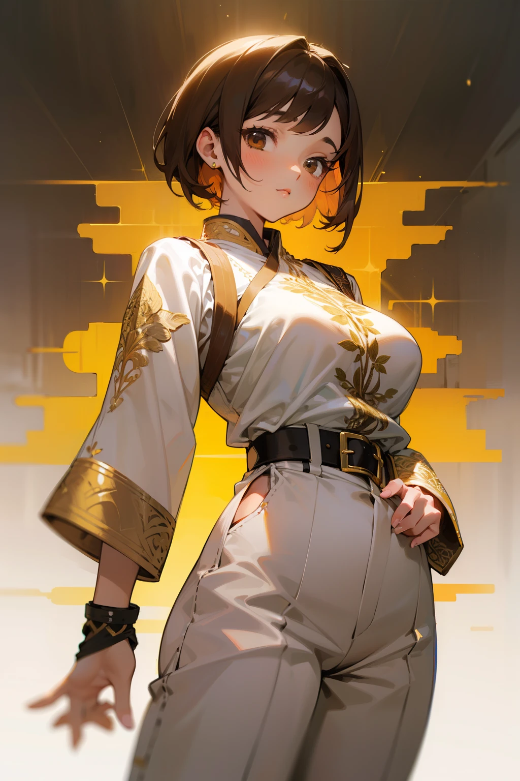 
Cute girl, short brown hair, brown eyes, white clothes embroidered with beautiful intricate gold embroidery, big breasts, black belt, short white pants.