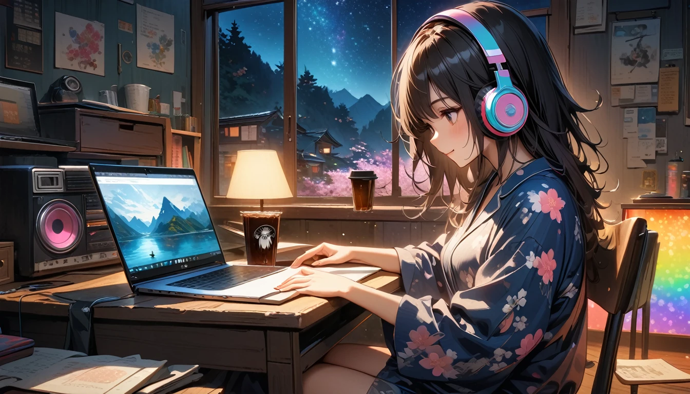 ((8k of extremely detailed CG unit, Masterpiece, high resolution, highest quality, highest quality real texture skin)), (((Starry sky through a large window))), (((Japanese patterned pajamas))), (((Colorful Room))), (((Japanese style headphones))), (((iced coffee))), (((Smiling and studying at a desk))), ((1 girl)), (Black hair, messy hair, beige skin), (surreal, digital painting), (((Warm lighting))), (((midnight))), (((Boombox))), (((laptop)))