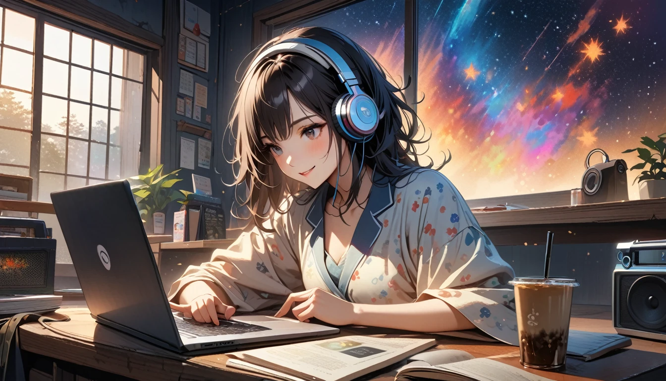 ((8k of extremely detailed CG unit, Masterpiece, high resolution, highest quality, highest quality real texture skin)), (((Starry sky through a large window))), (((Japanese patterned pajamas))), (((Colorful Room))), (((Japanese style headphones))), (((iced coffee))), (((Smiling and studying at a desk))), ((1 girl)), (Black hair, messy hair, beige skin), (surreal, digital painting), (((Warm lighting))), (((midnight))), (((Boombox))), (((laptop)))