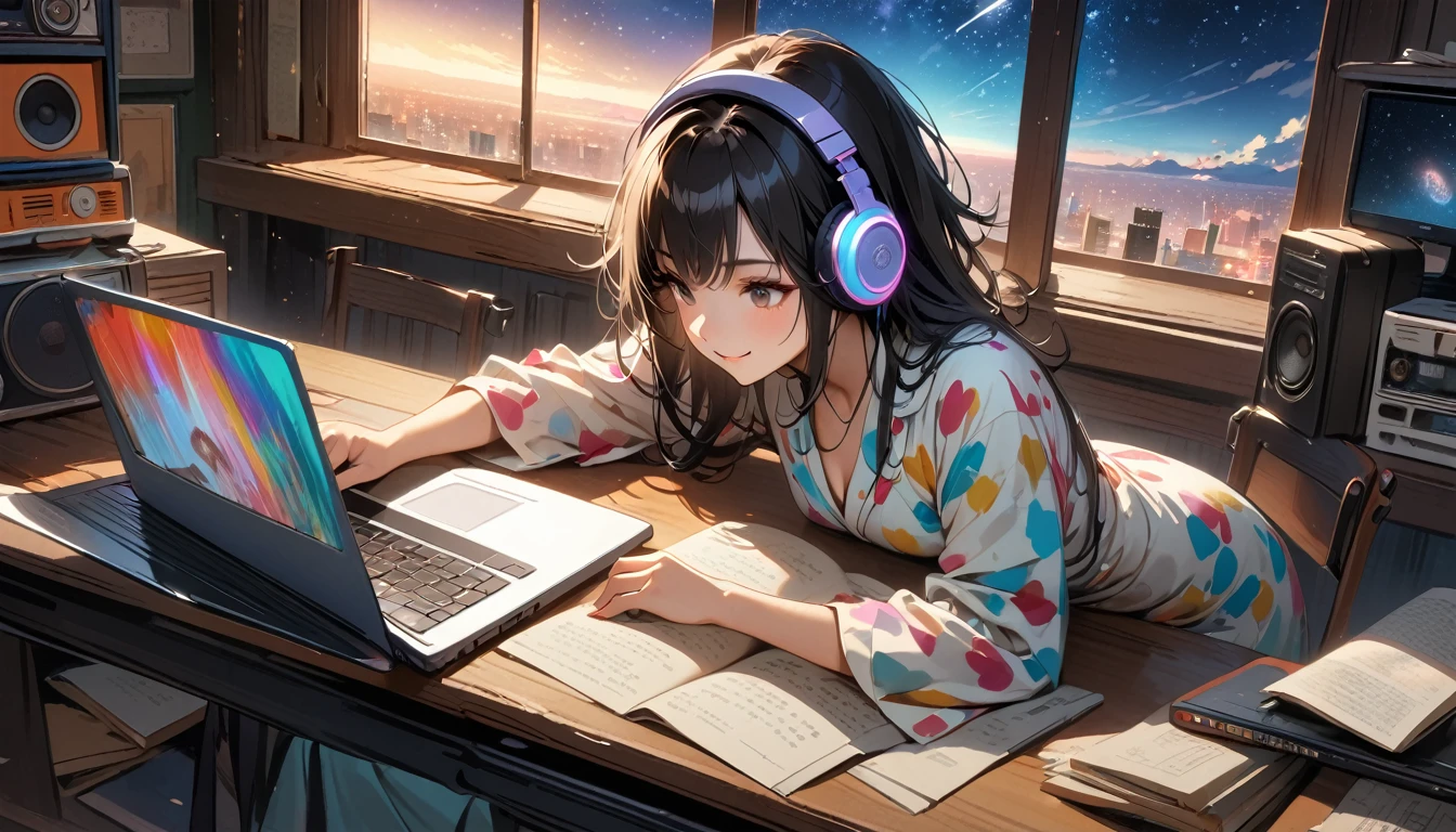 ((8k of extremely detailed CG unit, Masterpiece, high resolution, highest quality, highest quality real texture skin)), (((Starry sky through a large window))), (((Japanese patterned pajamas))), (((Colorful Room))), (((Japanese style headphones))), (((iced coffee))), (((Smiling and studying at a desk))), ((1 girl)), (Black hair, messy hair, beige skin), (surreal, digital painting), (((Warm lighting))), (((midnight))), (((Boombox))), (((laptop)))