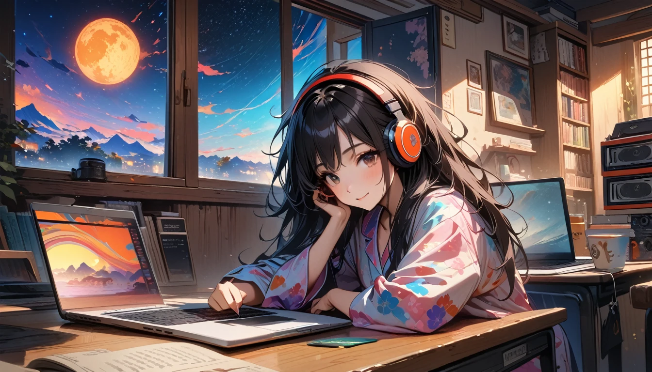 ((8k of extremely detailed CG unit, Masterpiece, high resolution, highest quality, highest quality real texture skin)), (((Starry sky through a large window))), (((Japanese patterned pajamas))), (((Colorful Room))), (((Japanese style headphones))), (((iced coffee))), (((Smiling and studying at a desk))), ((1 girl)), (Black hair, messy hair, beige skin), (surreal, digital painting), (((Warm lighting))), (((midnight))), (((Boombox))), (((laptop)))