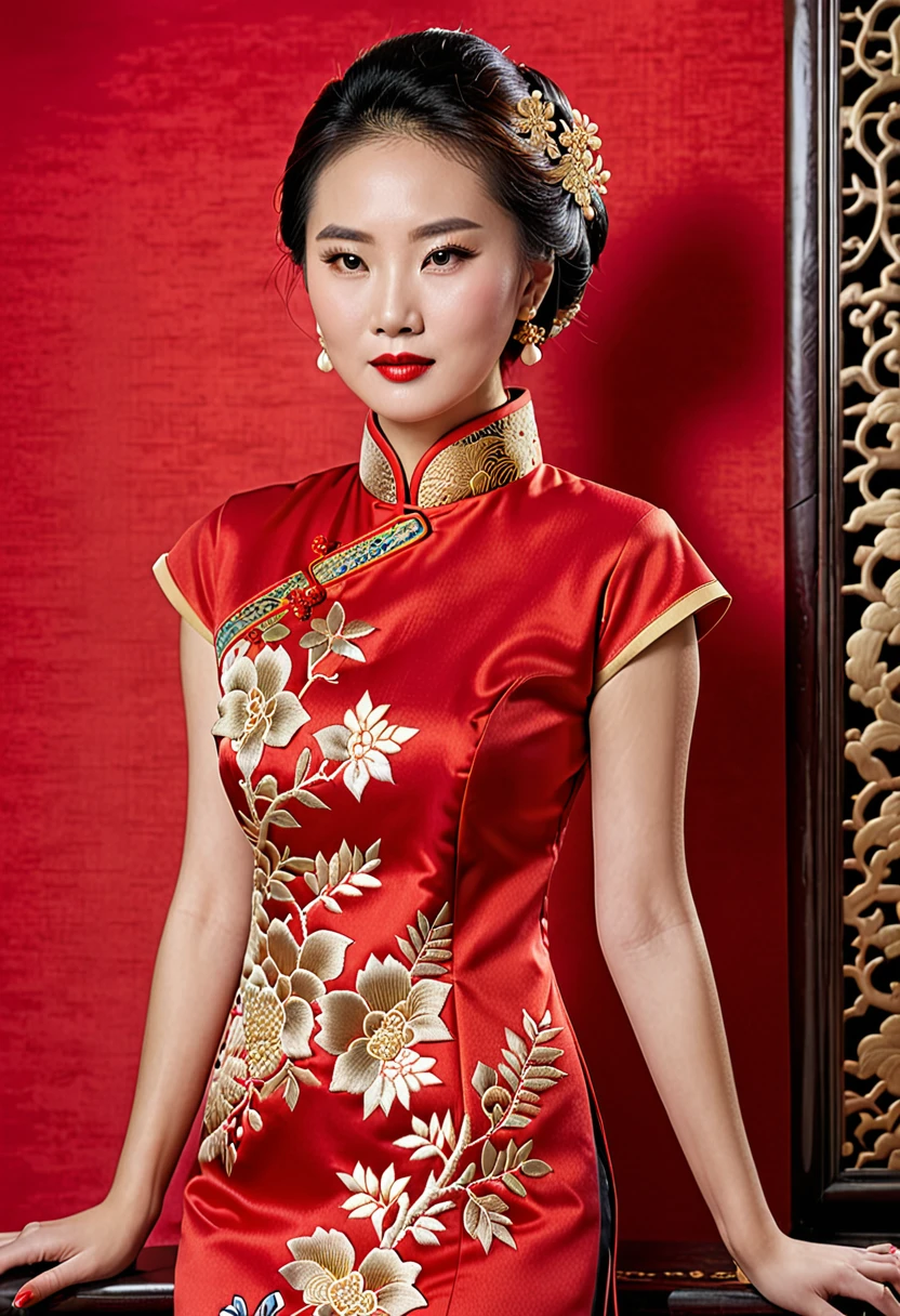 a woman, Cheongsam, Stuffed collar, garment with deep horizontal slits, gold embroidery on red fabric, 