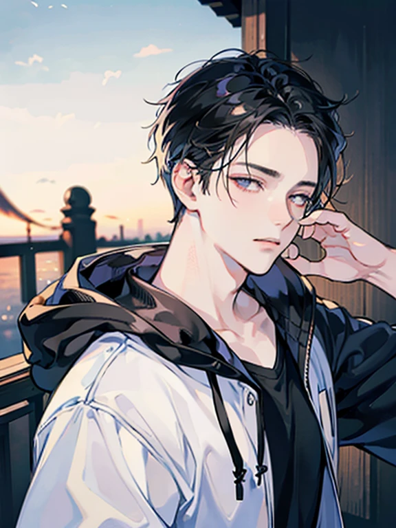 A man, simple, eye contact, face close-up, asian eyes, pale skin, black hair, dark black eyes, half closed eyes, hair slicked back, hoodie