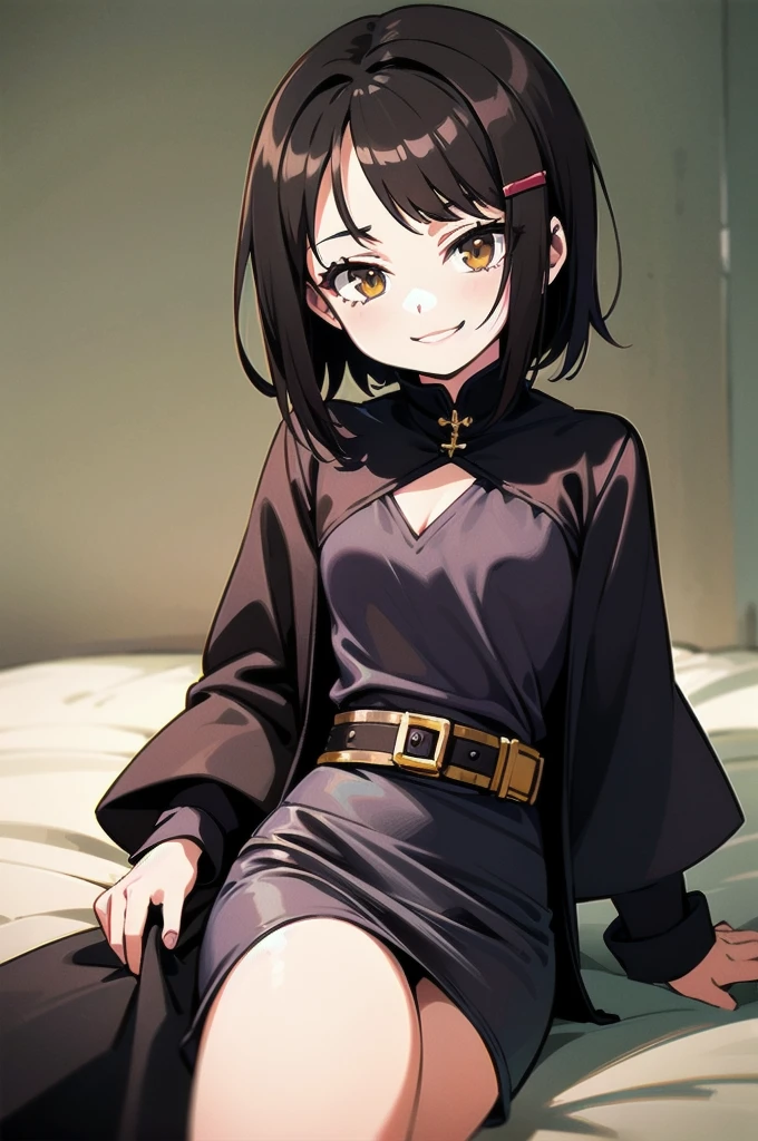 Anime, flat , (Ellen 18-years-old, short dark layered hair, Brown-eyed, small breast:1.0), hair clips 
Fantasy Rogue outfit, belt, sitting, smirk , 