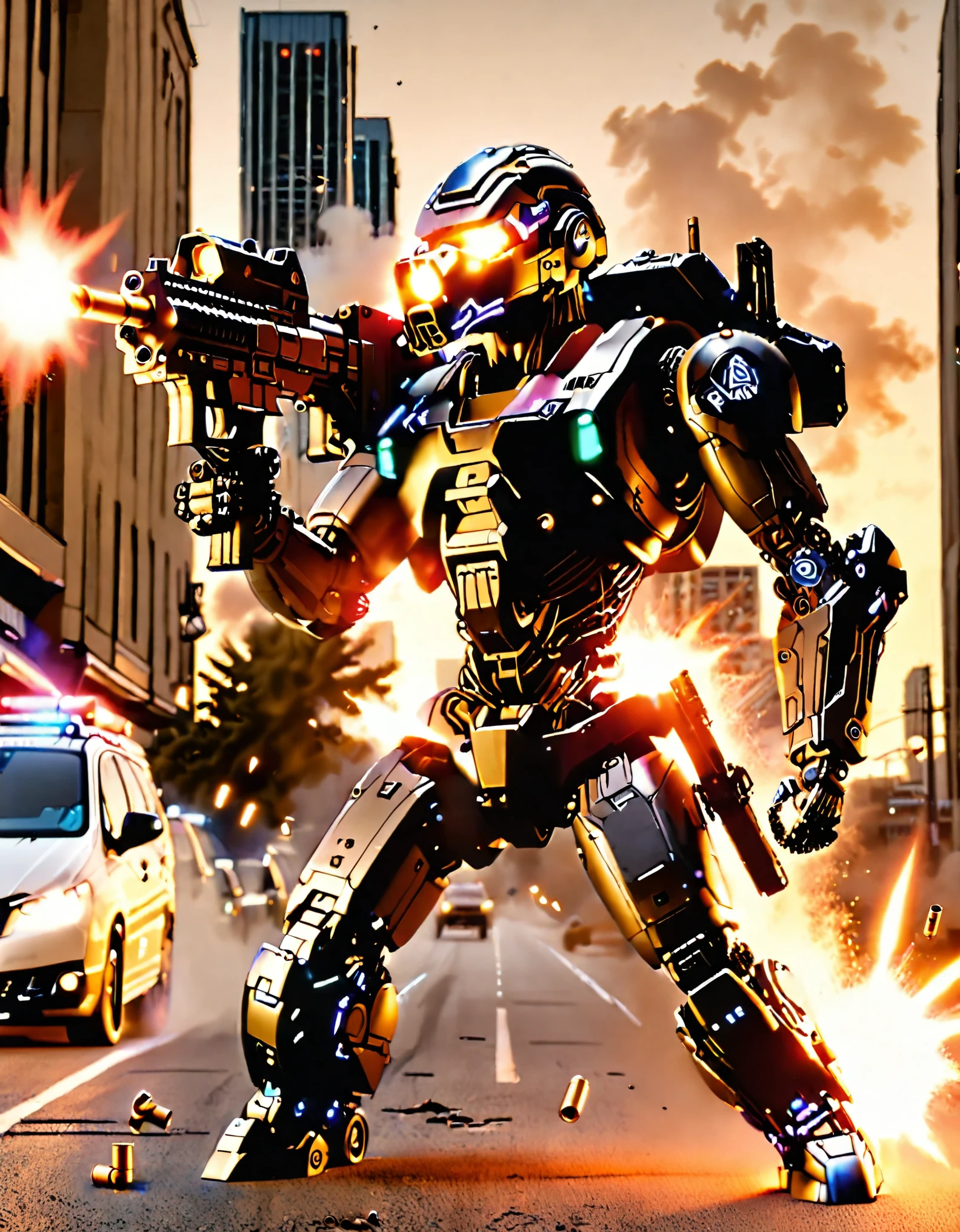 ((masterpiece, best quality, hires)), 1boy, male focus, solo focus, mature adult, age 30, canadian police officer, cyborg, muscular, (jet black cybernetic battle suit, glowing blue circle on chest), (black hair, dark purple eyes), (in front of a police car riddled with bullets), toronto city street backdrop, cowboy shot, sunset, excited look, ready for battle, front view, ((robot right arm with machine gun mounted on the hand, muzzle flash, shell casings coming from gun)), full body with costume.