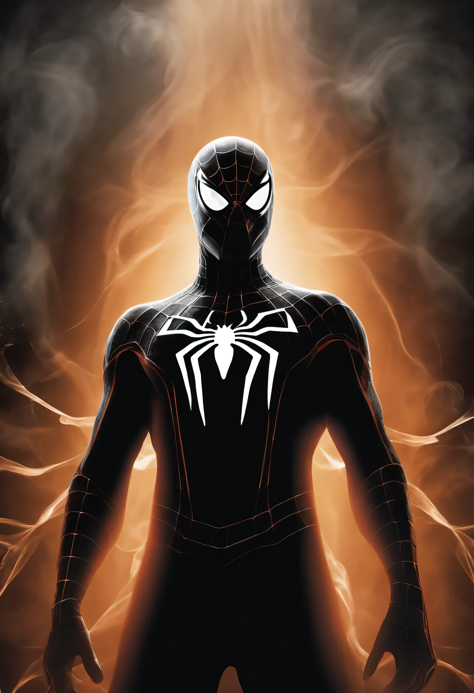 A stunning minimalist artwork featuring a Spider-Man's silhouette, skillfully created using gray smoke against a pristine Black background. The Spider-Man's form is elegant and graceful, with his mask flowing like wisps of smoke. adding a touch of contrast to the monochromatic scene. The overall effect is a captivating, surreal portrait that evokes a sense of wonder and mystique.
