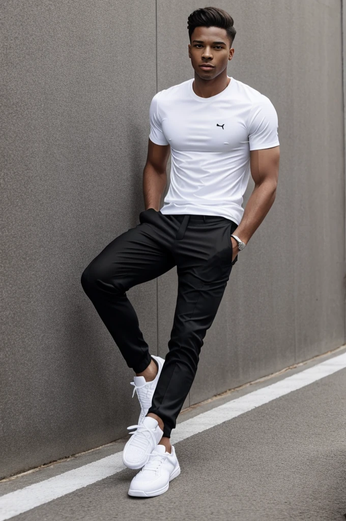 young guy, black suit,white t-shirt,white tennis shoes 