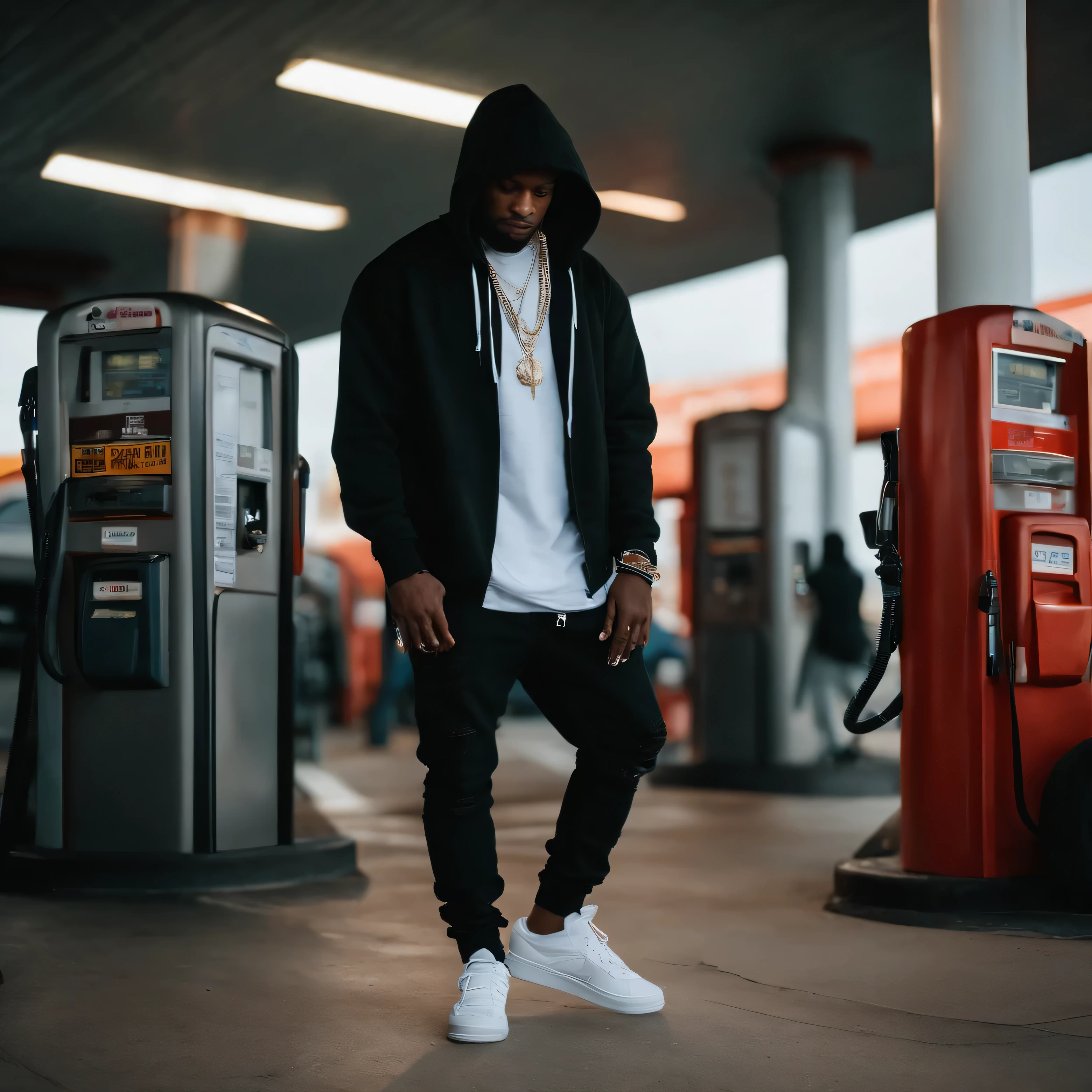 Hip hop guy, wearing a shiesty at a gas station full body shot wearing all black in a hoodie and baggy jeans ultra realistic shot on kodak or nikon