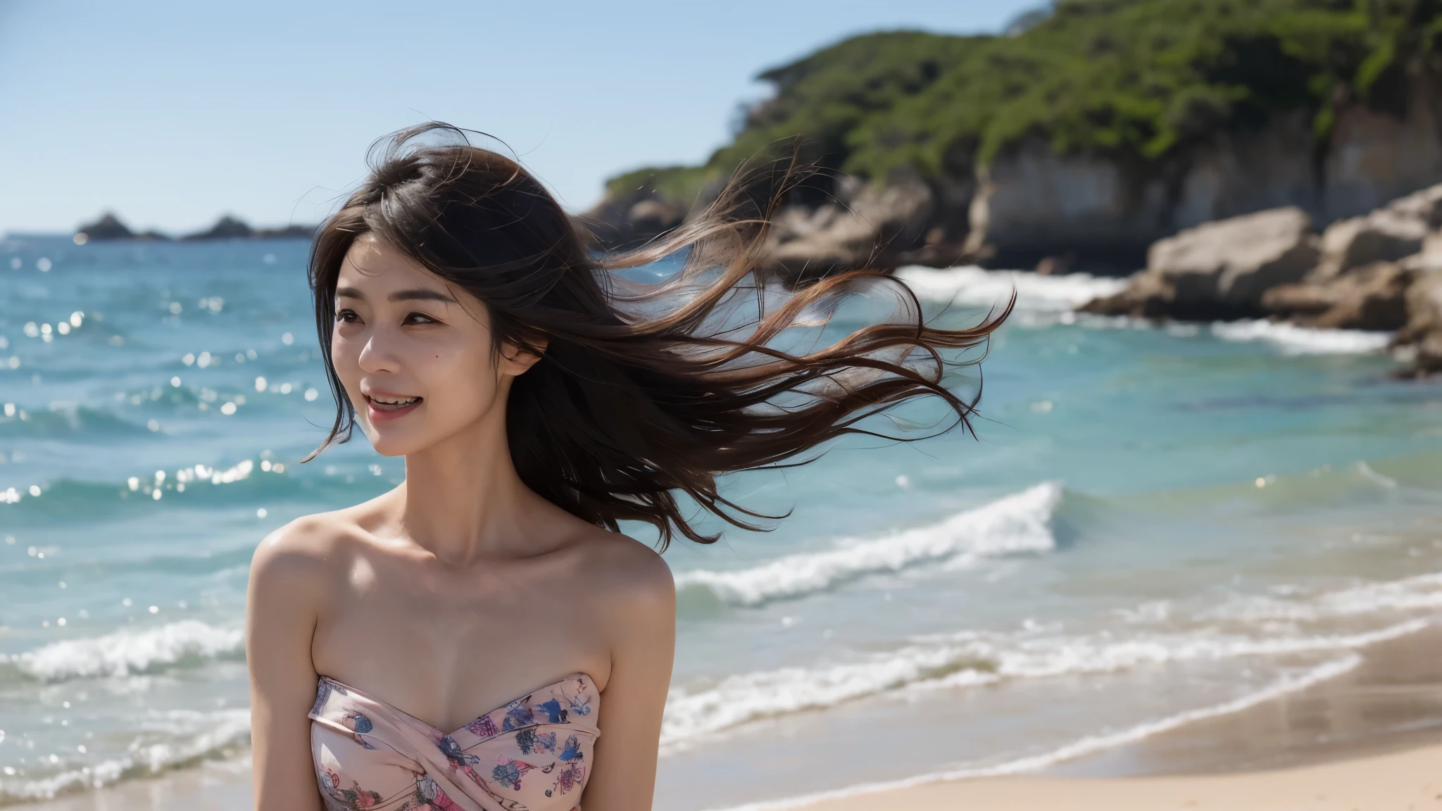 ((Highest quality)), ((8K)), ((masterpiece: 1.3)), (Perfect appearance), (Photorealism: 1.6), (一人のwomanが立っている), (A sandy beach lit by the dazzling morning sun), (The sea sparkling in the morning sun), (Calm sea without waves), (TI, JMA), (woman: 1.6), (Blurred Background: 1.8), (日本人woman1人: 1.6), 36 years old, ((Realistic skin texture)), (Fine wrinkles appear all over the skin: 0.8), (Dullness: 1.1), (Moisturized Skin: 1.2) , (Facial wrinkles: 0.9), (Wrinkles around the eyes: 1.2), double eyelid, Lower eyelid tear sulcus, Eyes on you, Serious expression, (Dimples: 1.2), Short bangs, (Short Wavy Hair: 1.2), (Messy Hair), (Hair blowing violently in the wind: 1.4), Laugh with the corners of your mouth turned up, Completely , (Armpit Hair), (Small breasaggy breasts), (Faggy breasts), (Rough anl clothing), barefoot, (Focus on the upper body: 1.4),