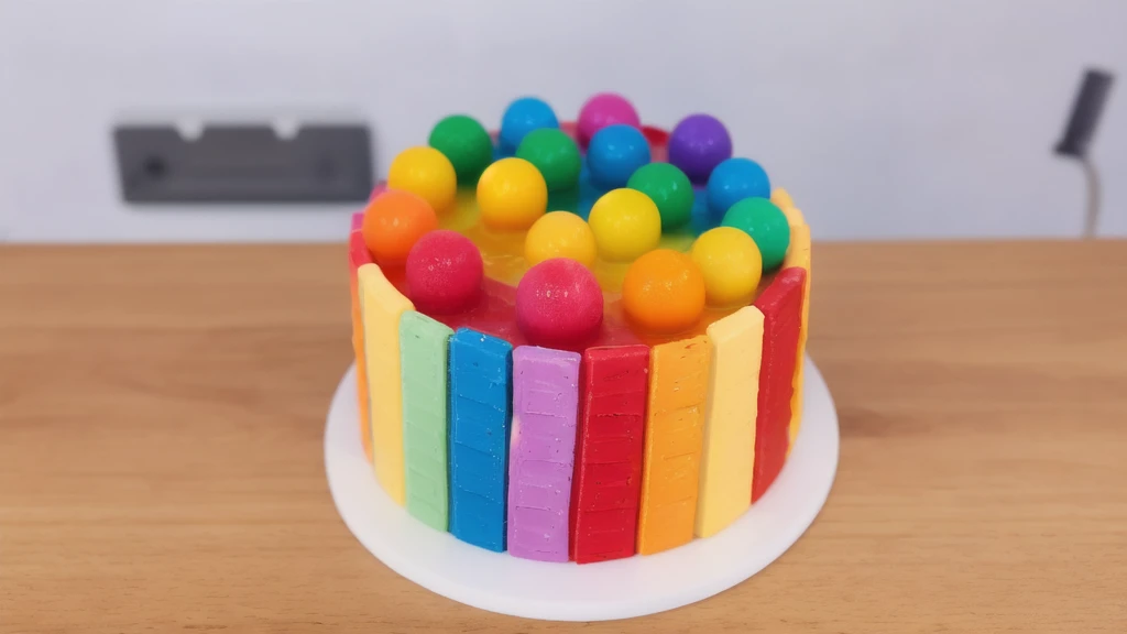 on a wooden table, on a white porcelain plate, a tiny cake, the walls of the cake are made of multi-colored chocolate bars, on top are multi-colored cream stripes, multi-colored candies in the form of balls, realistic texture, realistic style, detailed texture, high quality, high resolution, high quality rendering, realistic photo, brightning light