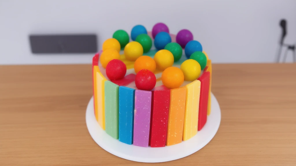 on a wooden table, on a white porcelain plate, a tiny cake, the walls of the cake are made of multi-colored chocolate bars, on top are multi-colored cream stripes, multi-colored candies in the form of balls, realistic texture, realistic style, detailed texture, high quality, high resolution, high quality rendering, realistic photo, brightning light