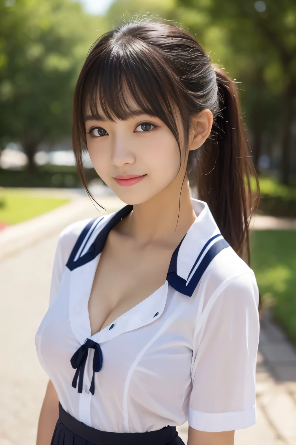 bright表情、Realistic:1.32、Highest quality、超A high resolution、最も美しい日本のgirlの写真、Cute and beautiful face details、Small face、美しいbangs、、Shine, fair, Shine肌、Hair gets tangled in the face、(girl１Only people:1.3)、顔まで伸びるbangs、bangs、Hair between the eyes、Attractive brown silky hair、bright、彼女の澄んだ瞳は魅力的にShine、Cute pose、Highest quality、Confused、((The cutest girl in the world))、Japanese、((Summer Uniforms for Students:1.3))、((Open shirt:1.3))、(low waist pleated skirt)、Newest Brands、(ponytail:1.3)、(Thin ribbon)、Nice and cute、An innocent smile、nice smile、Cleavage、(Big Breasts:1.3)、(Show erect nipples:1.4)、Brown Hair、Tight waist、Beautiful eyes in every detail、View your viewers、Upper Body、Face close-up、Front view、