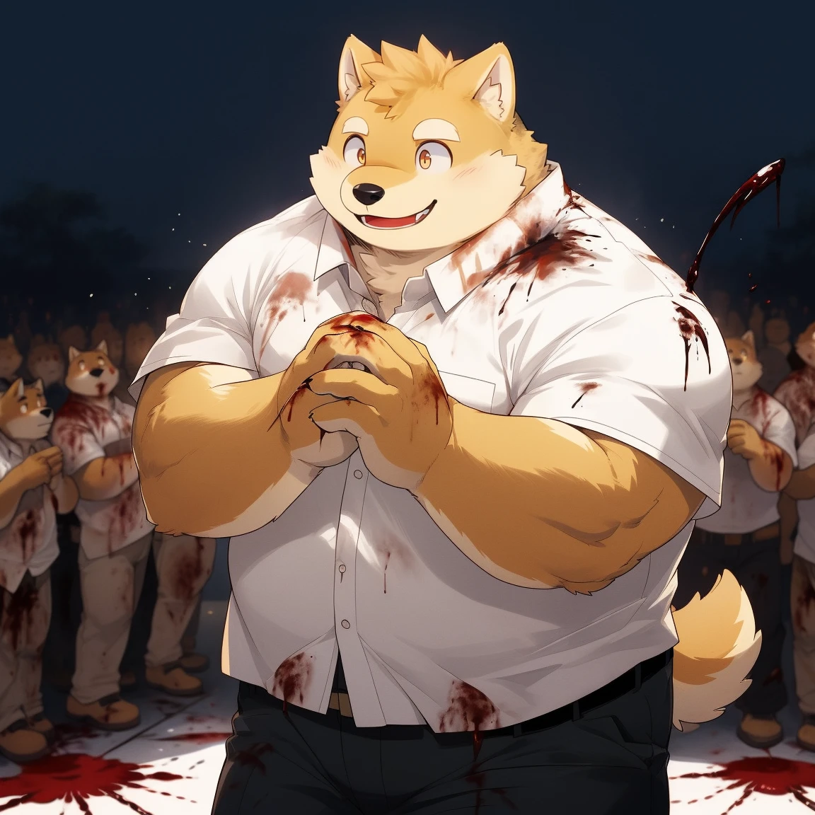 masterpiece, best quality, 8k resolution, Very detailed, hairy，Shiba Inu，(Black hair)，(((golden fur)))，(((Blood red eyes)))，Chubby，Chubby face，(((White shirt)))，(((Loose shirt)))，((Black pants))，(((For the audience)))，Highest quality scene，(((Solitary)))，(((solitary)))，Upright，portrait，((Hand drooping normally))，((Night))，((bloody))，((Face-to-face))，(((Eyes on me)))，(((The eyes are empty)))，(((Round face)))，(((Smiling evilly)))，(((Blood all over)))，(((Standing)))