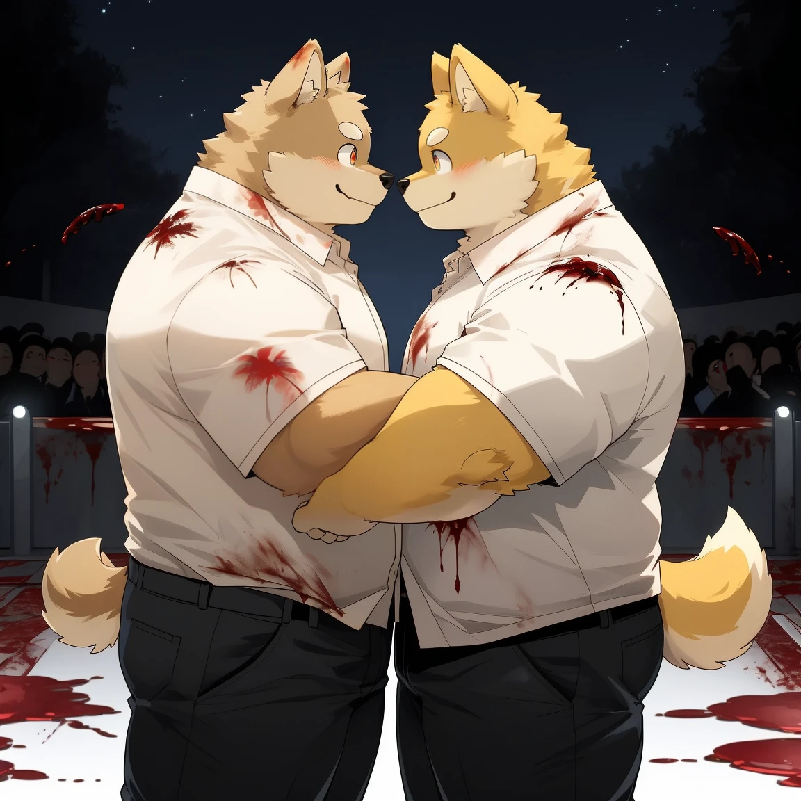 masterpiece, best quality, 8k resolution, Very detailed, hairy，Shiba Inu，(Black hair)，(((golden fur)))，(((Blood red eyes)))，Chubby，Chubby face，(((White shirt)))，(((Loose shirt)))，((Black pants))，(((For the audience)))，Highest quality scene，(((Solitary)))，(((solitary)))，Upright，portrait，((Hand drooping normally))，((Night))，((bloody))，((Face-to-face))，(((Eyes on me)))，(((The eyes are empty)))，(((Round face)))，(((Smiling evilly)))，(((Blood all over)))，(((Standing)))