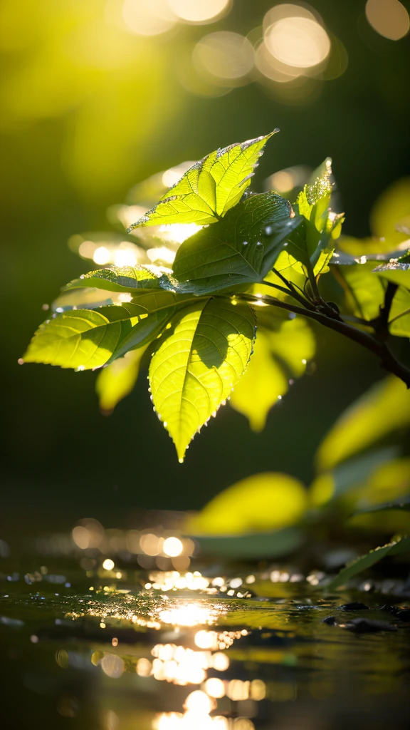 Summer Dream,Translucent leaves,Dreamy lighting,The scattered water drops float in the air and sparkle in the sun,HD,Details,Best quality