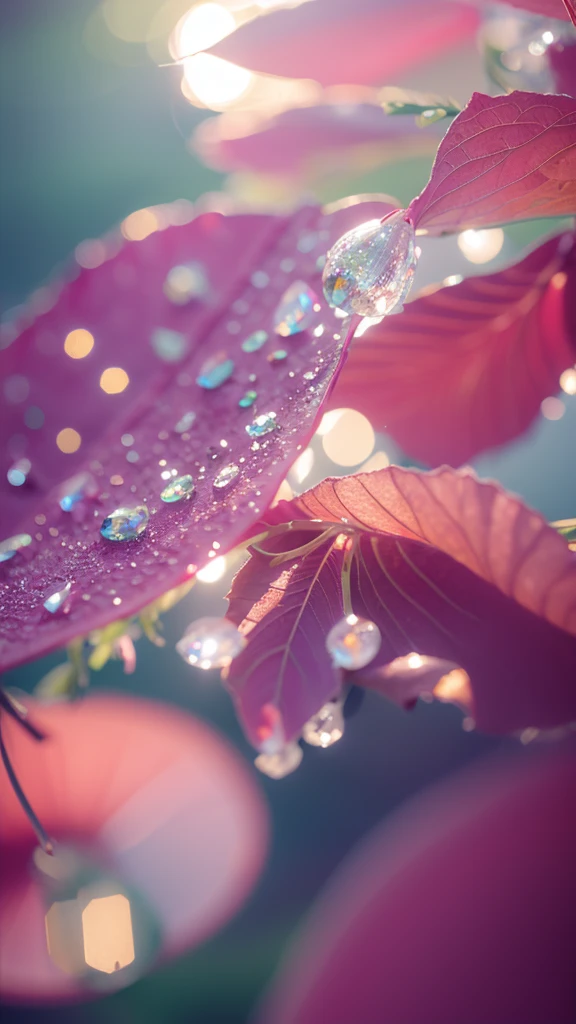 Summer Dream，Translucent leaves，Dreamy lighting，The scattered water drops float in the air and sparkle in the sun，HD，Details，Best quality