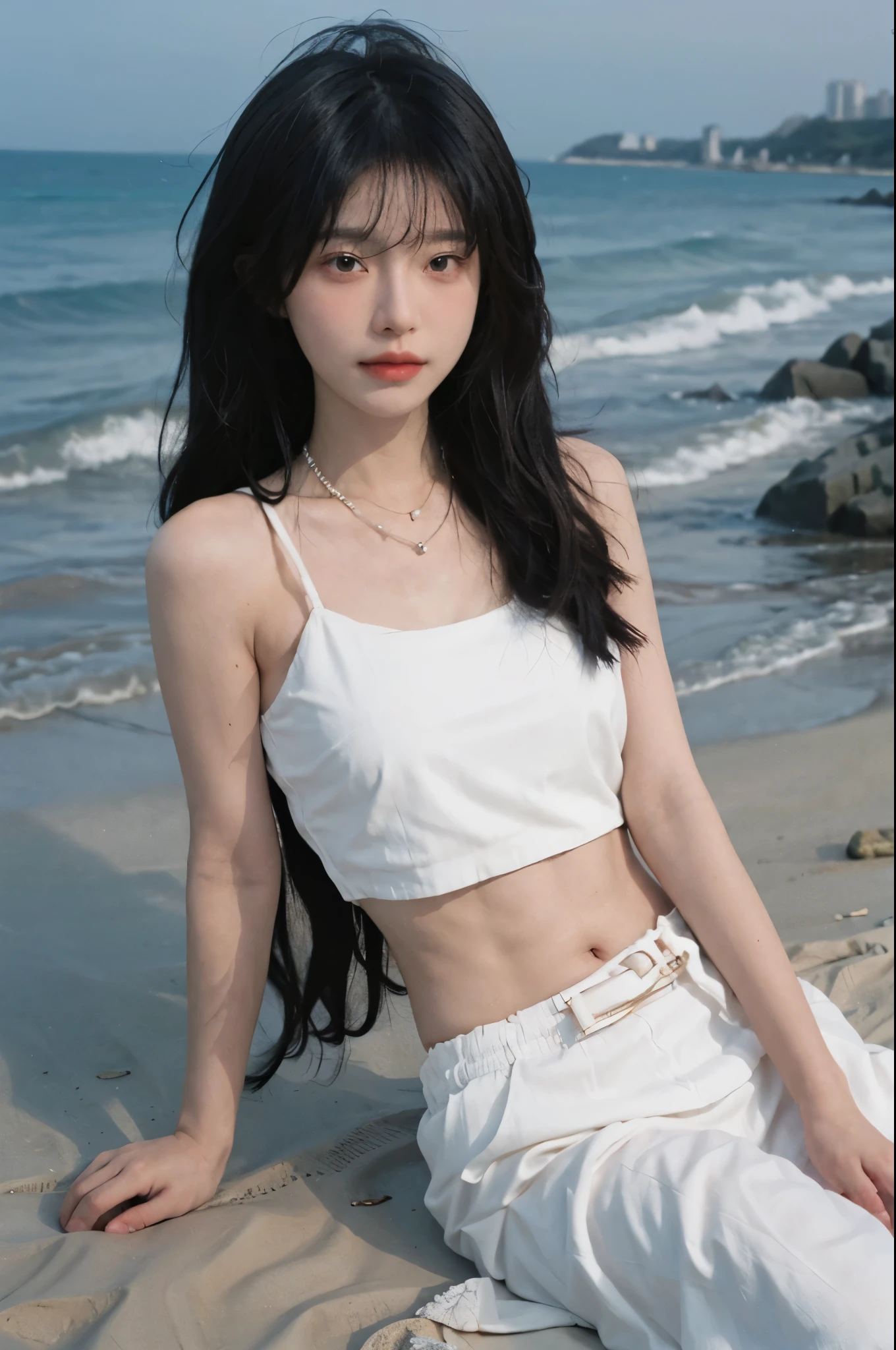 Best quality，Ultra-high resolution，（lifelike：1.4），Cute hairpin，1girll，Long curly hair，jk，Blush，Slim beauty：1.4，Visible abdominal muscles，on the beach，Ultra-fine face，Exquisite eyes，Double eyelids，necklace