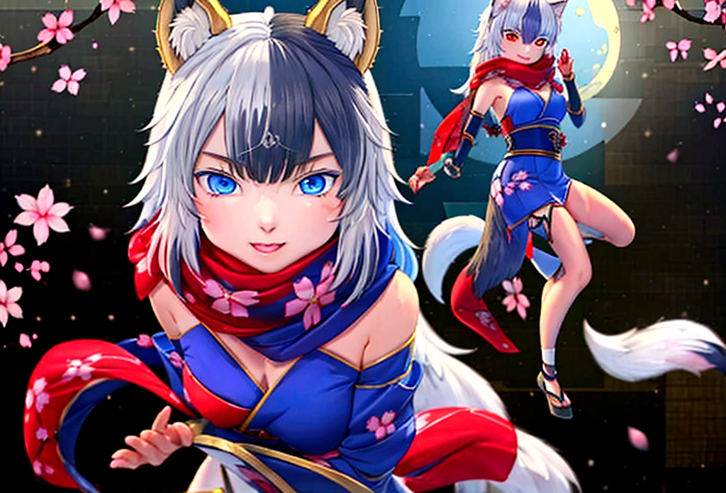 (masterpiece, best quality:1.2), 1girl, 独奏,Wolf girl, fox mask, ninja, girl, long white hair, odd eyes, blue kimono, ninja girl, red and blue scarf,Dancing Cherry Blossoms,Full moon backlighting, light coming in, fantastic atmosphere. Holding a small sword、Cutting action、Shining starry sky、Light shining into pitch black darkness、Shining Sword
