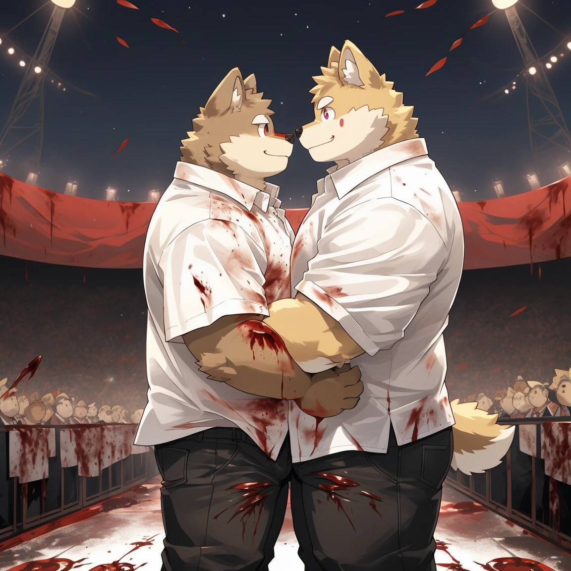 masterpiece, best quality, 8k resolution, Very detailed, hairy，Shiba Inu，(Black hair)，(((golden fur)))，(((Blood red eyes)))，Chubby，Chubby face，(((White shirt)))，(((Loose shirt)))，((Black pants))，(((For the audience)))，Highest quality scene，(((Solitary)))，(((solitary)))，Upright，portrait，((Hand drooping normally))，((Night))，((bloody))，((Face-to-face))，(((Eyes on me)))，(((The eyes are empty)))，(((Round face)))，(((Smiling evilly)))，(((Blood all over)))，(((Standing)))