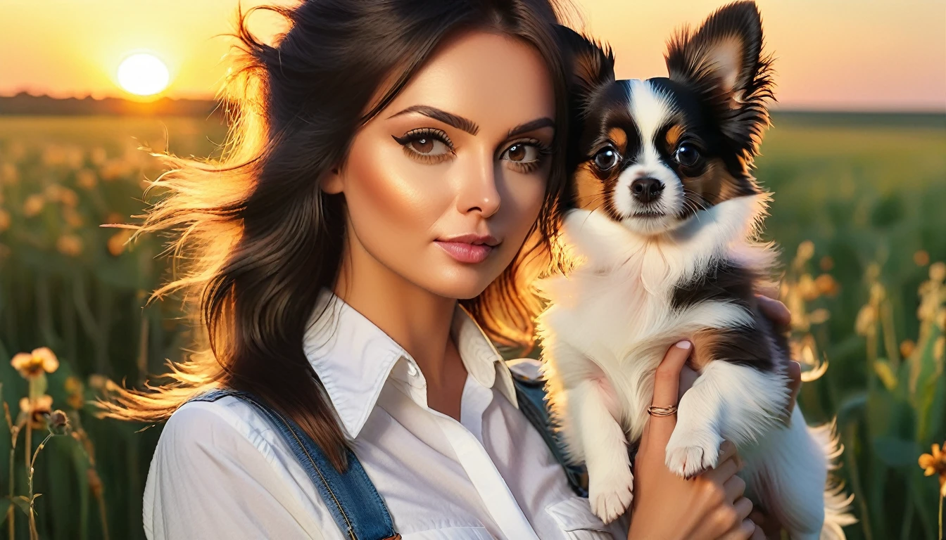 SLR, masterpieces, Real, Photography, Portrait of beautiful woman with her cute papillon puppy dog in the field at sunset, wearing white shirt and jeans, photo realistic