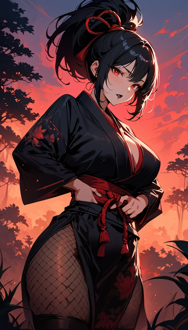 (high quality, 8k, 4K, high contrast, artwork:1.2, high quality, best aesthetics), (dynamic angle), ((1 woman)), erotic, sensual, mature body, super detailed, beautiful face detailed, beautiful eyes detailed, detailed beautiful mouth, sexy body, perfect breats, perfect wide thighs, black hair, short black hair, ponytail hair, red eyes, serious facial expression, women's black ninja kimono with red clouds printed, black fishnet pantyhose, black lipstick, kunoichi, ninja girl, forest, standing, erect posture, centralized, looking at the viewer, front view.