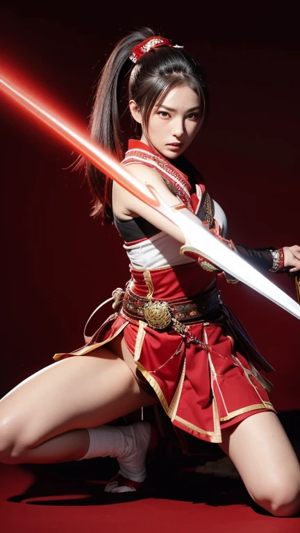 Naotora Ii,Female generals,flashy,Ponytail beauty,Holding a long sword,Wearing stylish red armor,Wearing a red skirt,Crouching,Panty shot,One leg raised,Wearing leg armor,Wearing two belts around his waist,Wearing a scarf