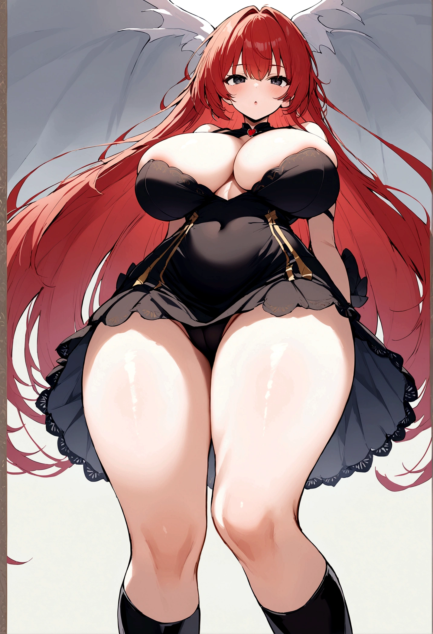 My name is Hikaru, I am a white test woman with long red hair and black eyes. I am 1.60 cm tall and weigh 46 kg. My breast sizes are 300 cm, my waist is 60 cm and my hips are 200 cm. Dressed in a black dress with a sweetheart neckline with straps and that covers only the crotch . With big breasts 300 cm